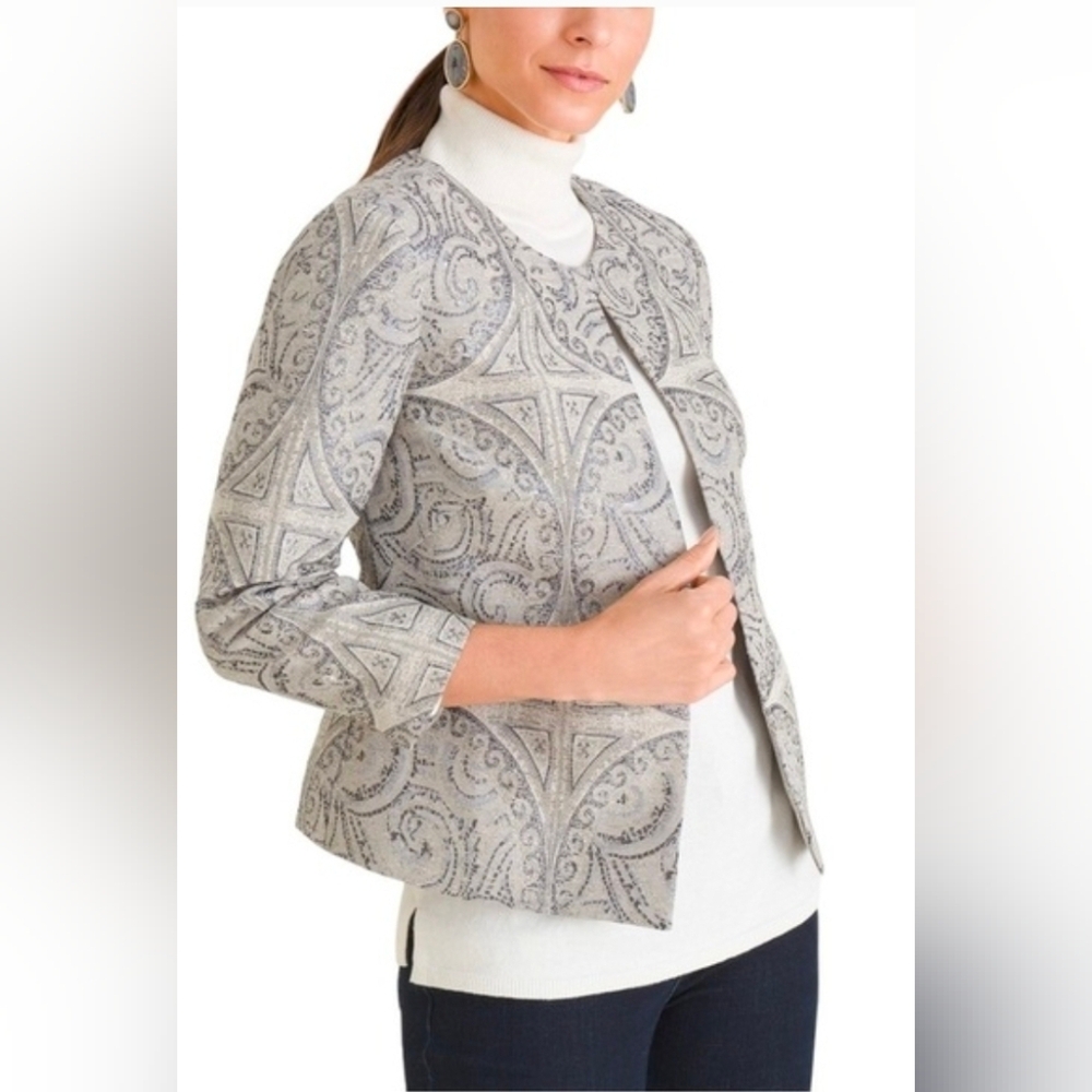 Chico's brocade silver gray blue jacket sparkle threads ¾ sleeve (Ch 0) sz S
